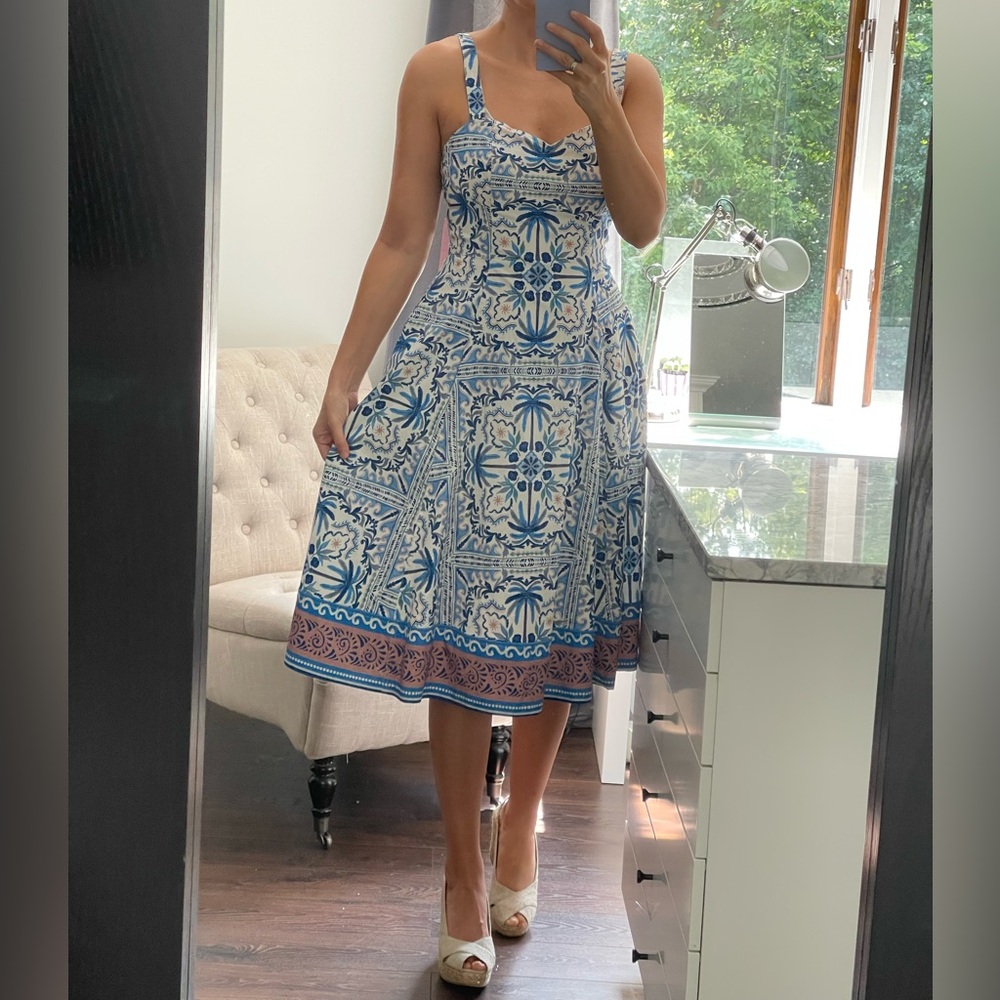 New! Tropical Design Blue & White Midi Woman’s Dress with Straps, back zipper 8